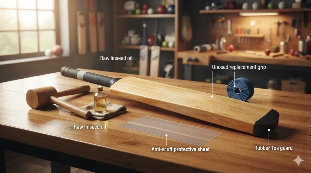 Cricket bat maintenance guide showing knocking, oiling, grip replacement, and toe guard protection.