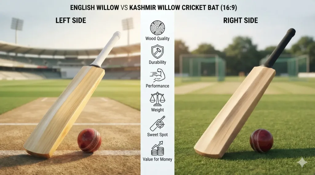 English Willow vs Kashmir Willow cricket bat comparison showing grain structure, durability, and performance differences.