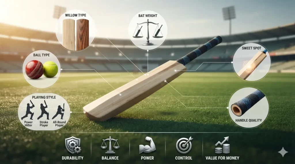 Infographic explaining how to choose the best cricket bat under ₹5000 based on willow type, weight, balance, and playing style.