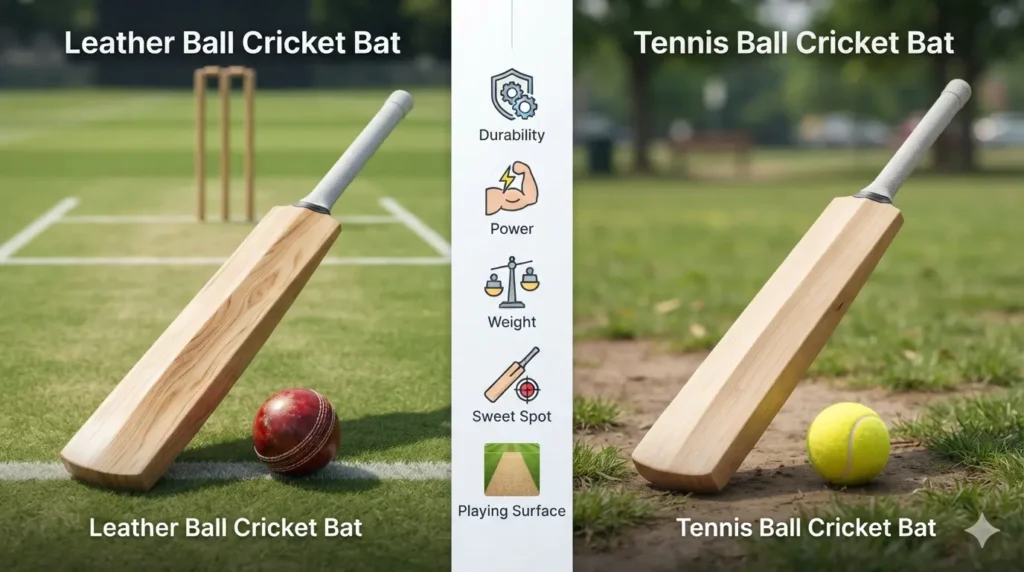 Comparison between leather ball cricket bat and hard tennis ball cricket bat showing blade profile and playing purpose.