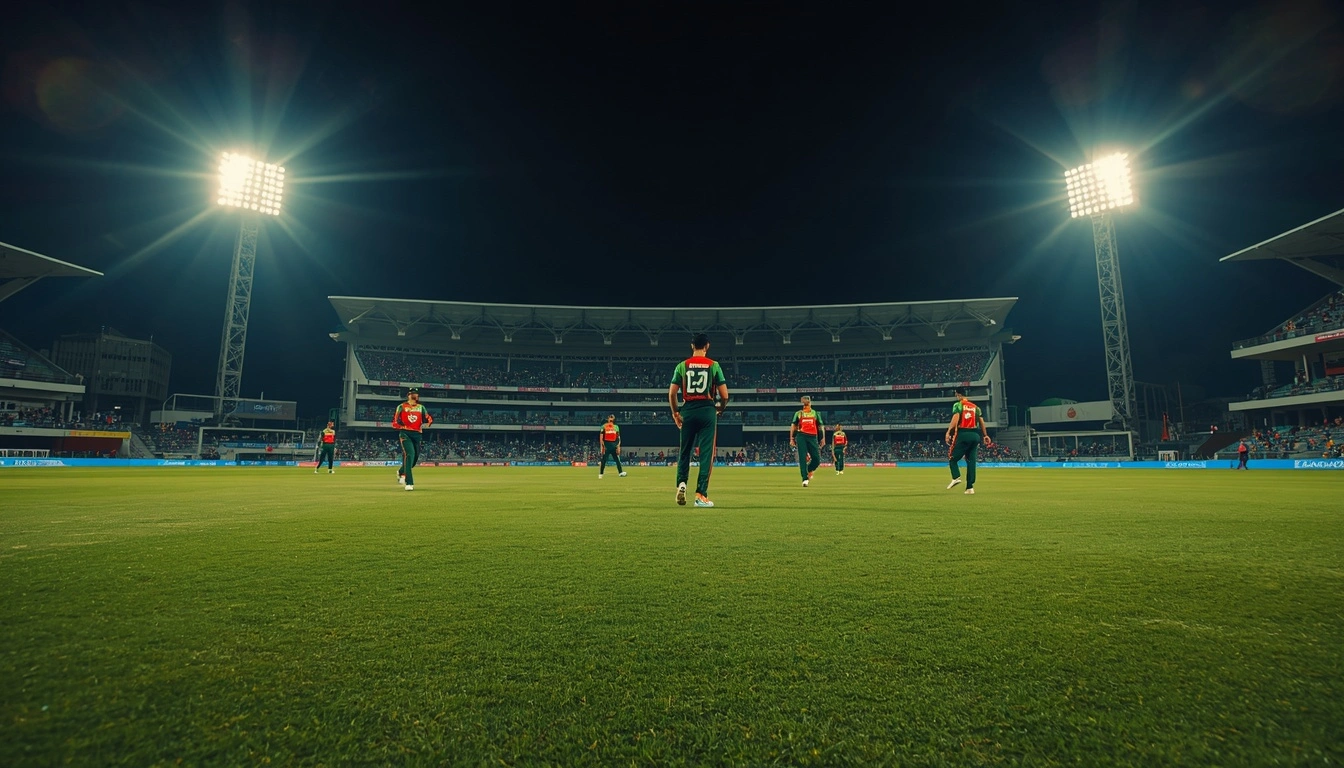 High-resolution view of players preparing under floodlights for the new BCB D3 domestic competition at the Dhaka stadium.