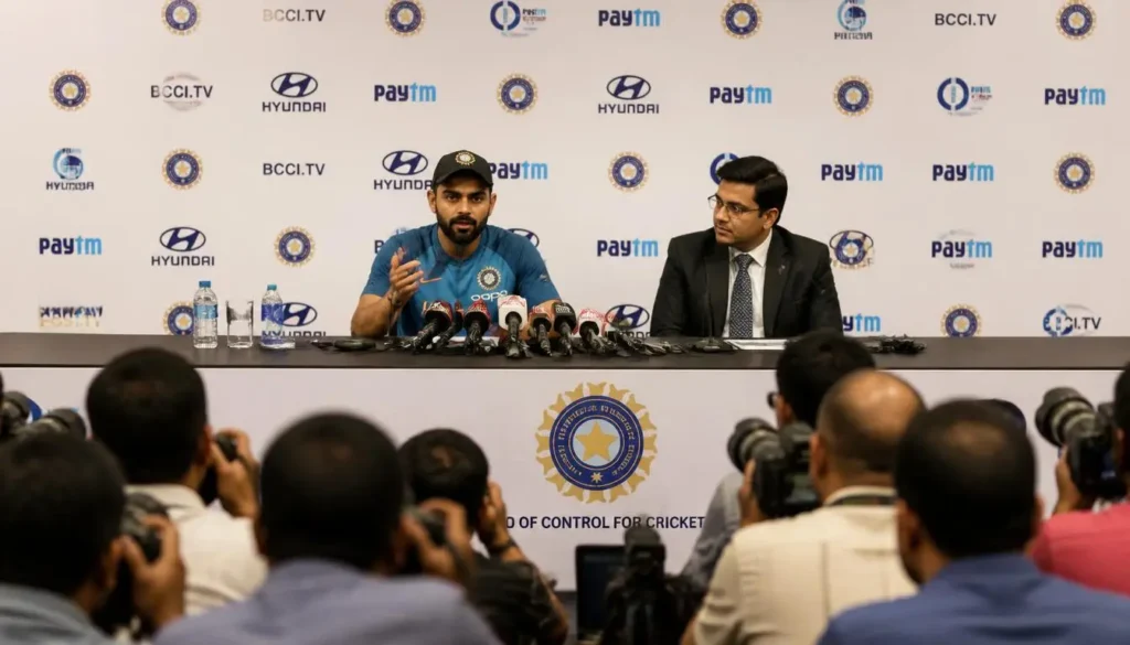 BCCI officials holding a press conference to announce the location and dates for the IPL 2027 Auction.