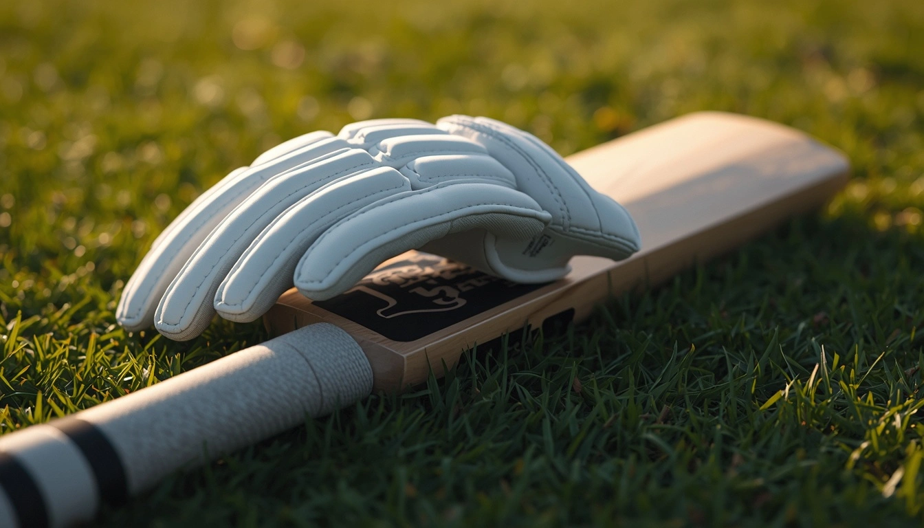 Pair of premium professional cricket best batting gloves resting on a cricket bat handle on an international stadium outfield