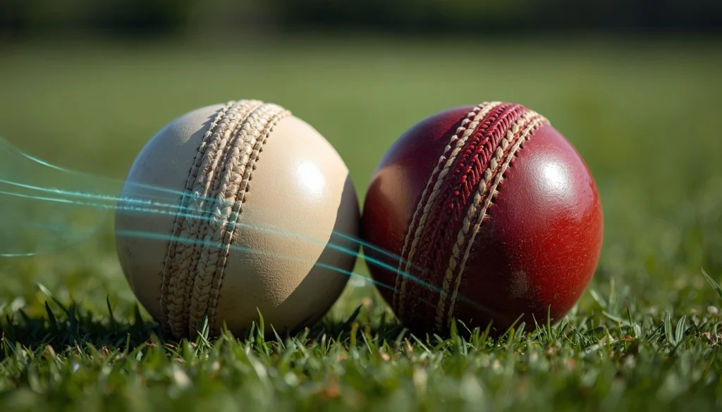 Split graphic showing a cricket ball with smooth airflow on one side for conventional swing versus turbulent boundary airflow for reverse swing.