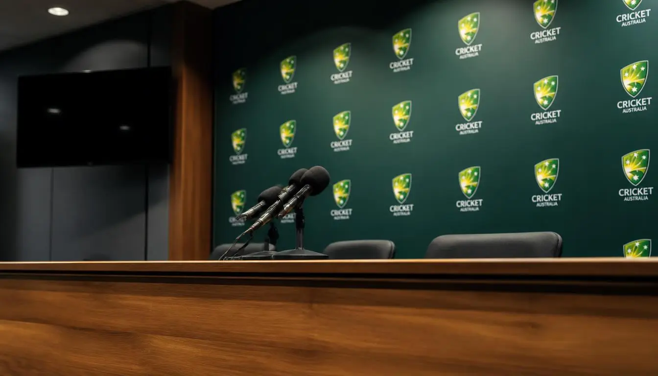 Press room setting featuring Cricket Australia branding where the Cricket Australia Chair Resigns announcement was delivered.