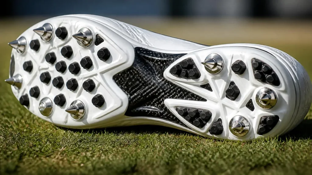Underside view of the best cricket shoes showing metal spikes and rubber studs for pitch grip