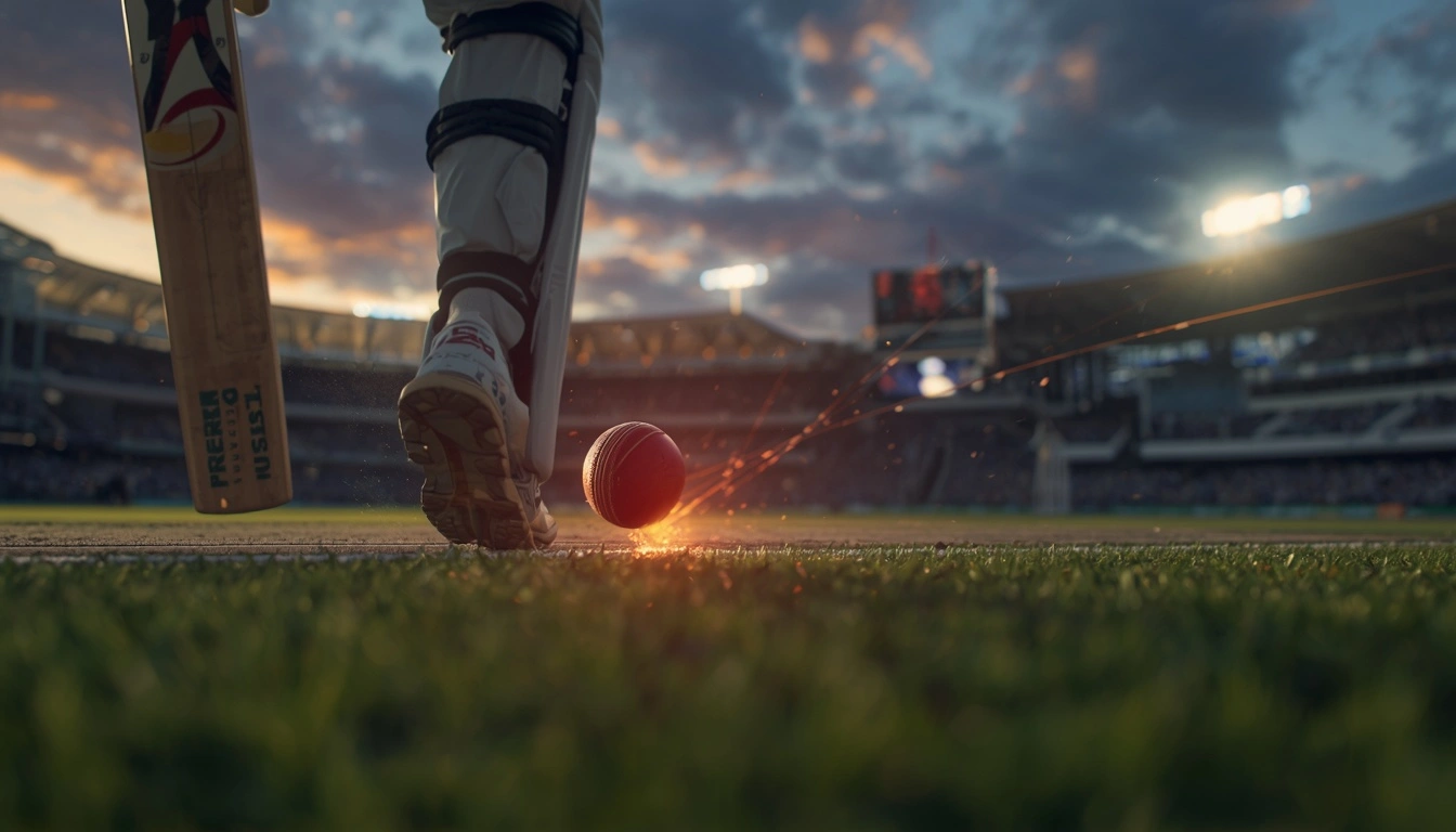 A close-up of a cricket ball hitting a batsman's pad with a digital Decision Review System ball-tracking projection overlay showing trajectory to the stumps.