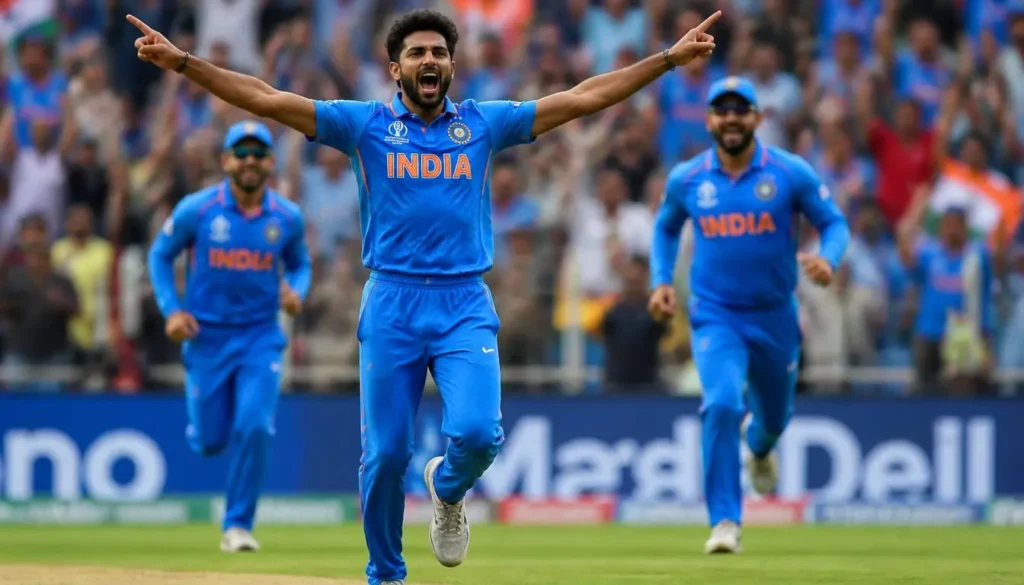 An Indian fantasy cricket tips all-rounder celebrating a wicket during a white-ball international match
