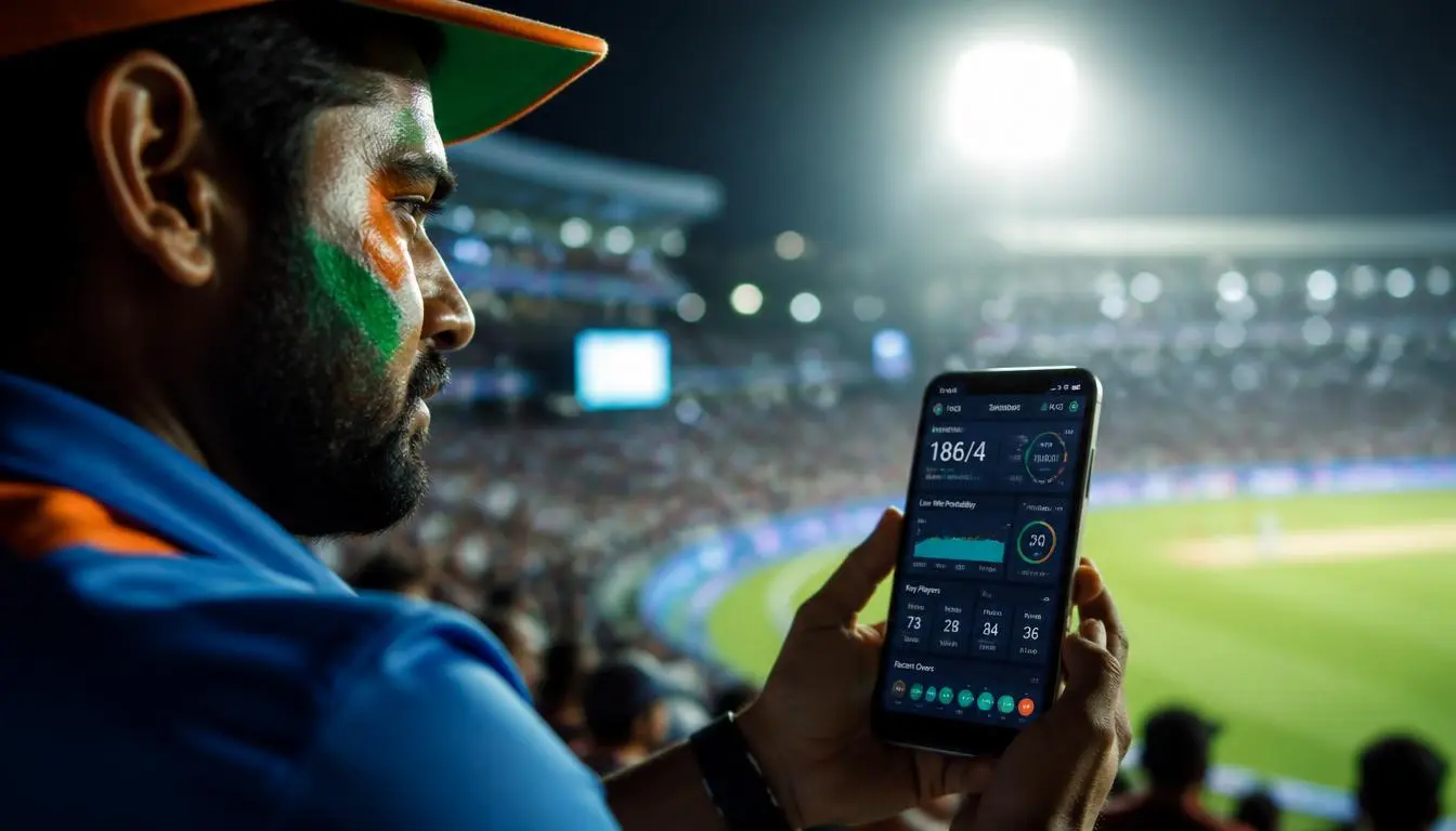 A cricket fan analyzing player statistics on a smartphone during a high-stakes T20 match