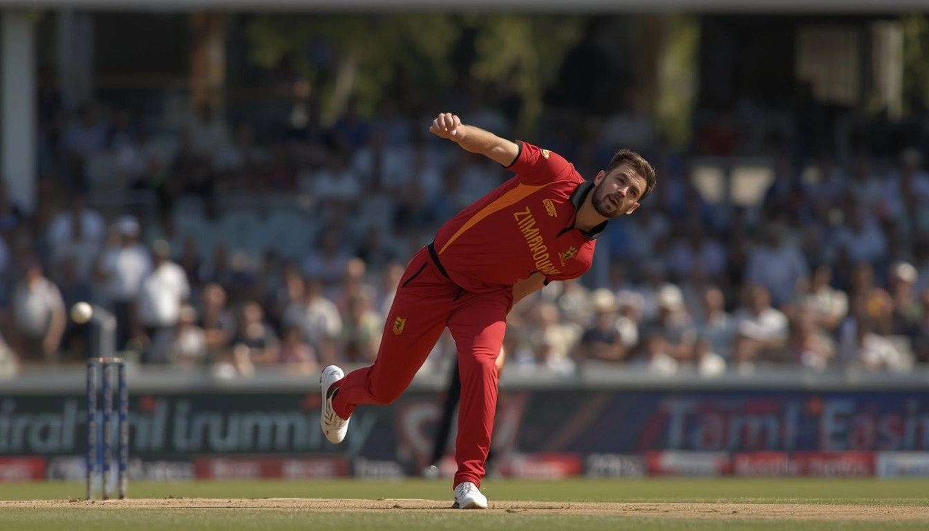 Zimbabwean leg-spinner Graeme Cremer delivering a leg-break during his Graeme Cremer ODI comeback match against Australia at Harare Sports Club.