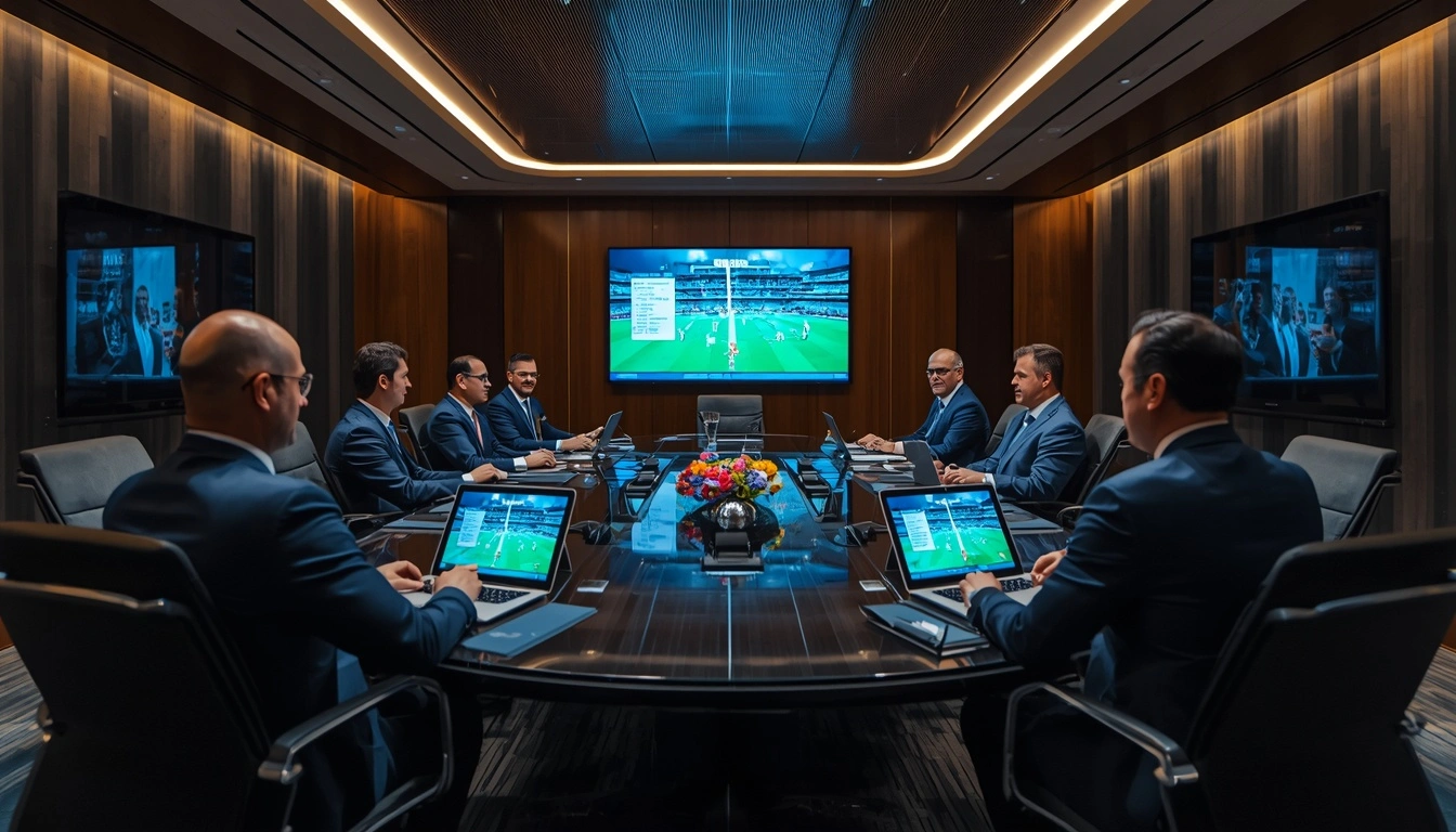 A modern conference table in Dubai with cricket board executives discussing the ICC Future Tours Programme.