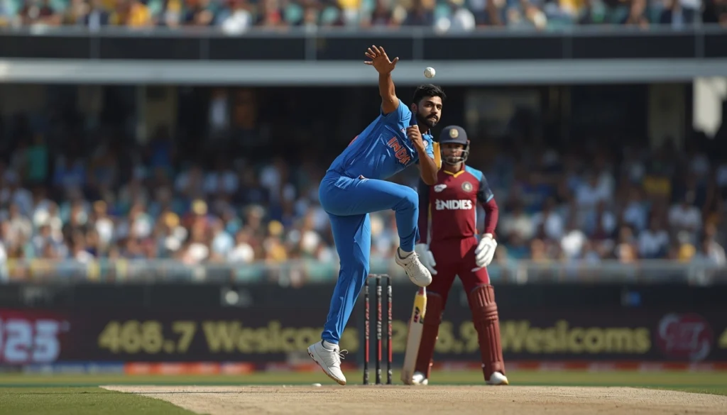Indian bowler delivering a ball during the India vs West Indies ODI series 2026 match at Greenfield International Stadium.