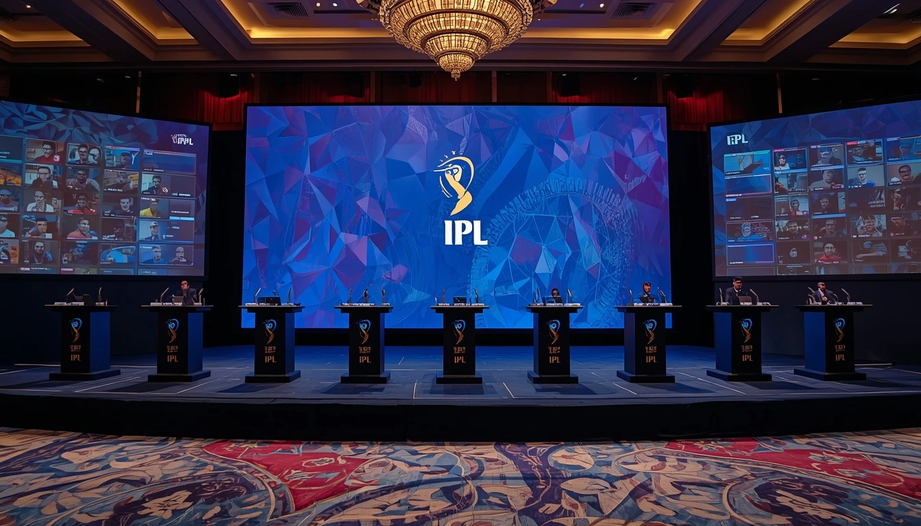 An official IPL 2027 Auction room setup in Goa featuring ten team franchise bidding tables and podiums.