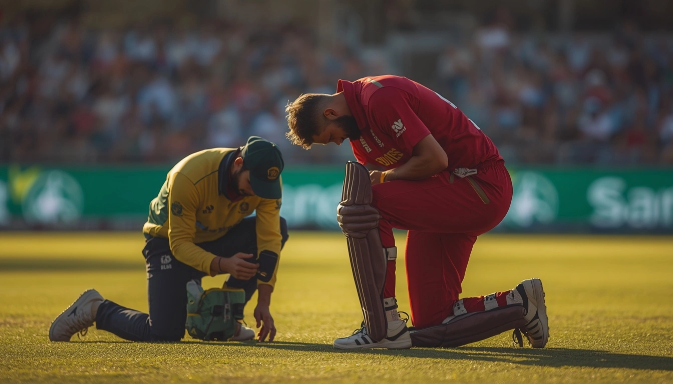 West Indies batter receiving medical attention on the field following the Justin Greaves calf injury during the ODI against India