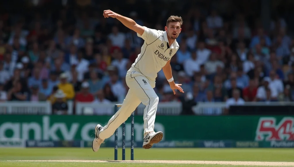 Dynamic action shot of England pacer in full stride following the Mark Wood Retirement news