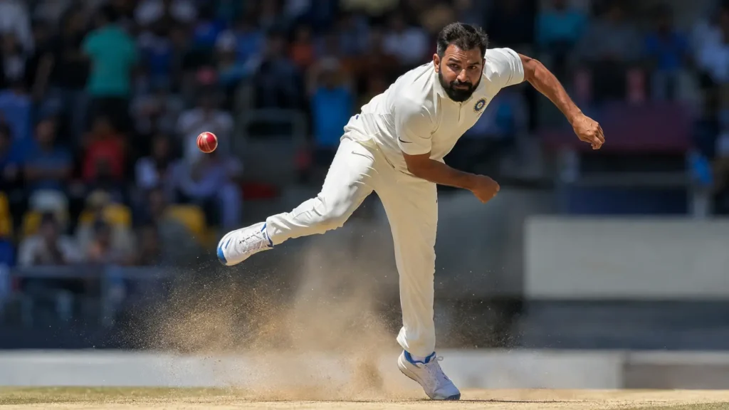 Veteran Indian fast bowler Mohammed Shami in full action during a first-class match