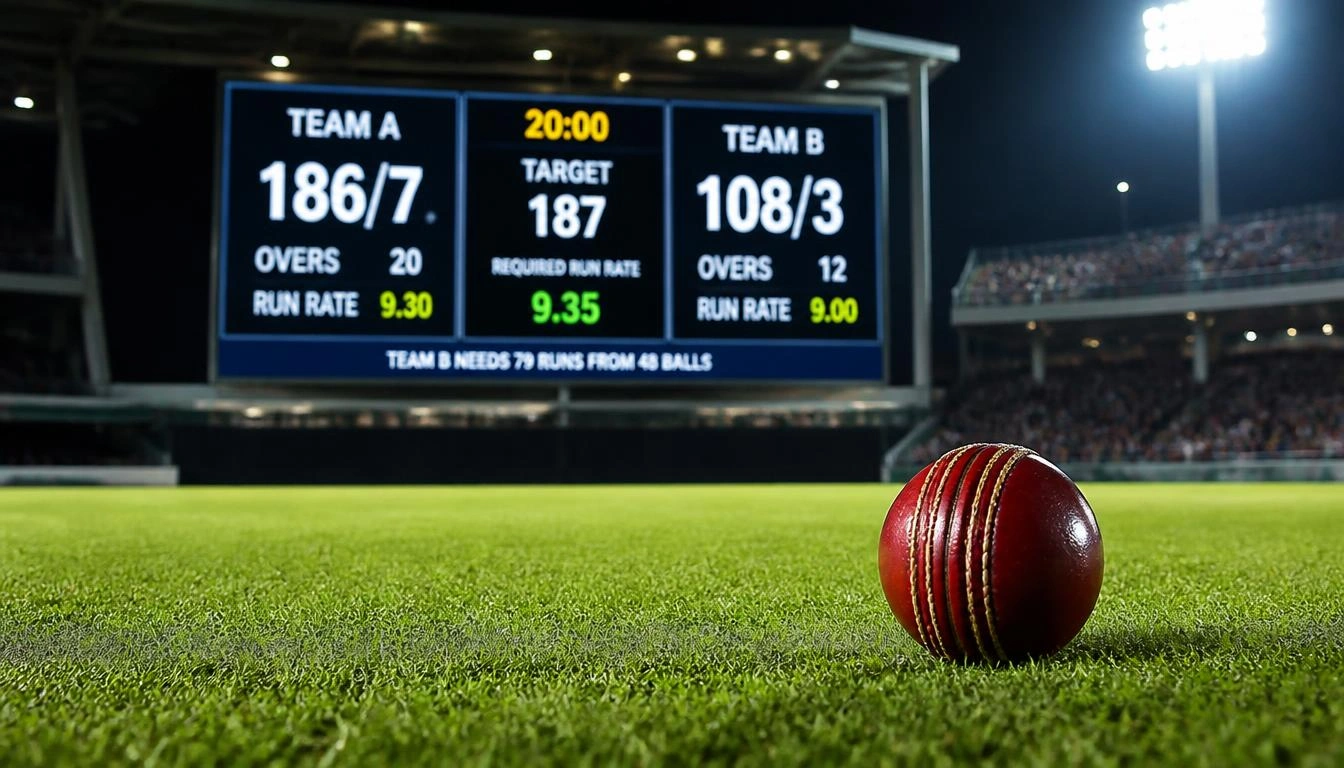 A modern electronic stadium scoreboard displaying match run rate, net run rate metrics, and team totals during an intense white-ball cricket match.