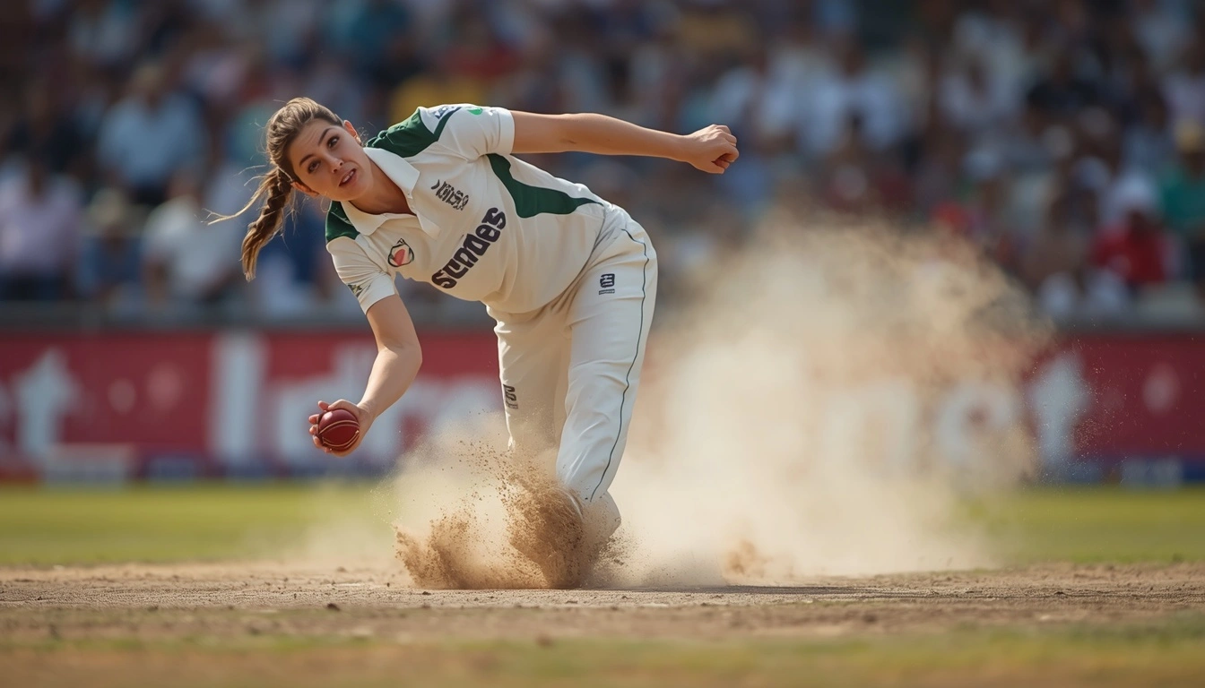 Warwickshire spinner Phoebe Brett delivering the ball as part of the England Women U19 World Cup squad on a dry turning pitch.