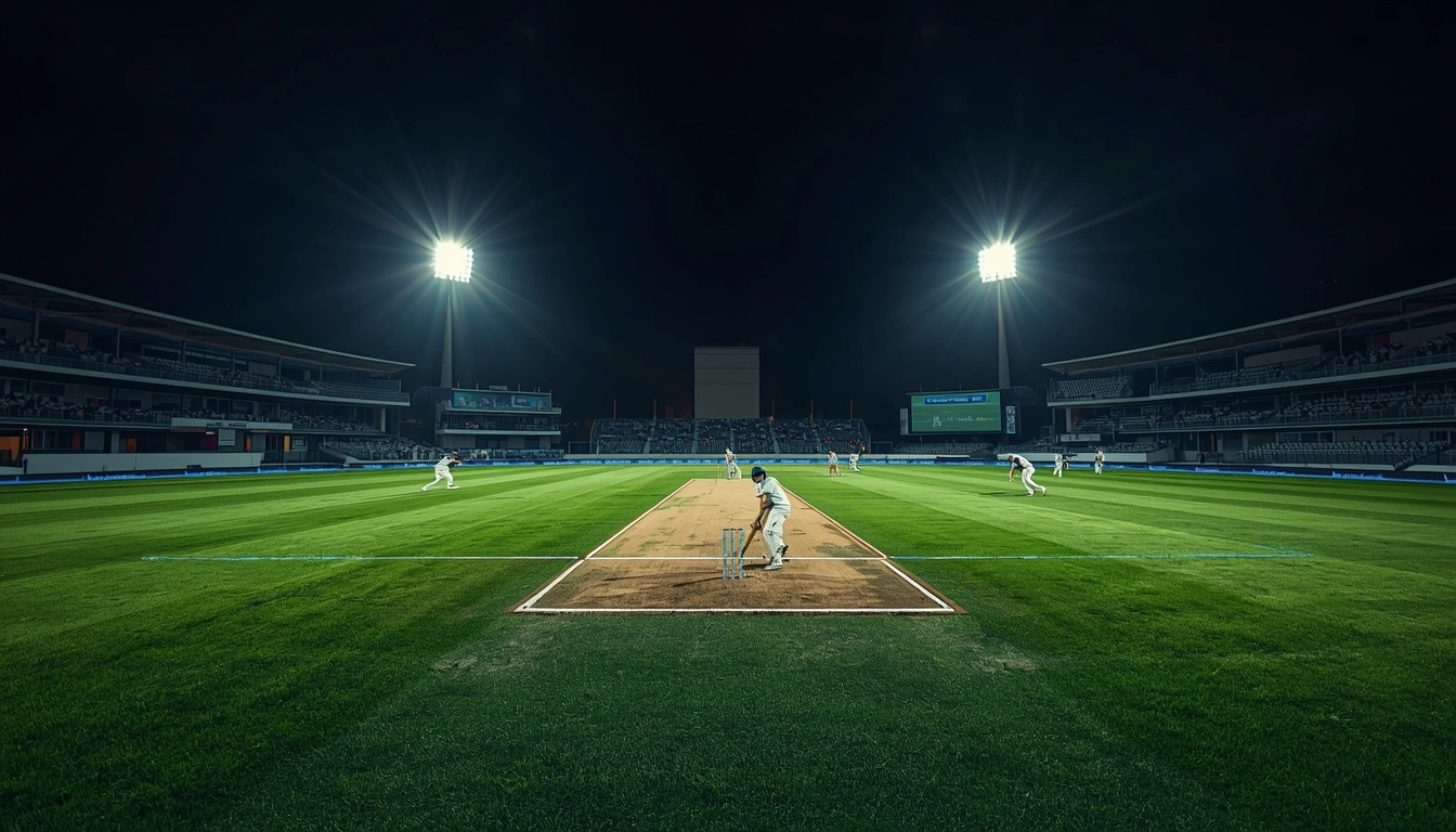 An open-air stadium bathed in floodlights where teams play under powerplay rules in cricket with fielders positioned inside the 30-yard circle.