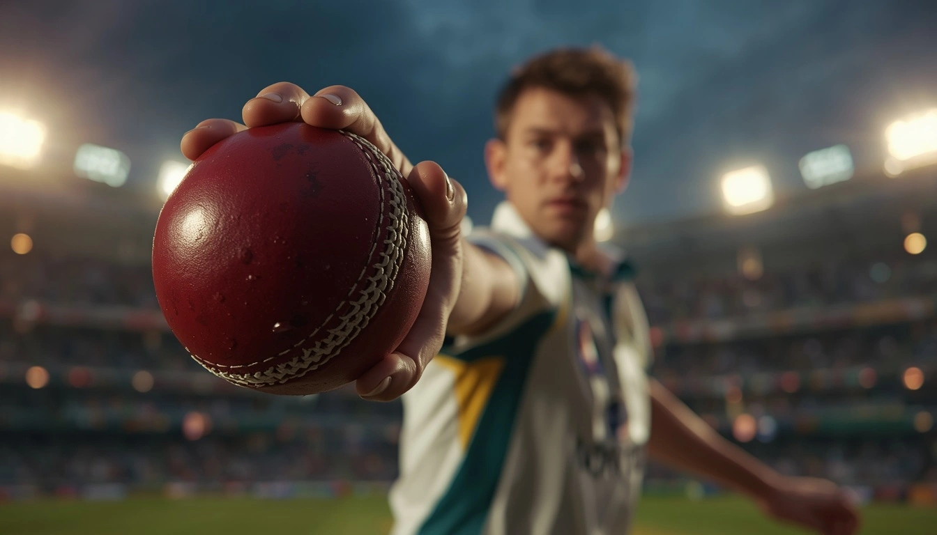 Close-up of a professional fast bowler's hands releasing a red leather cricket ball with a tilted seam for conventional swing bowling.