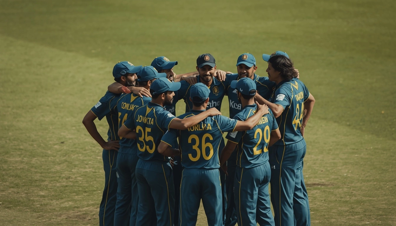 Sri Lankan cricket team huddle on the field during an ODI match