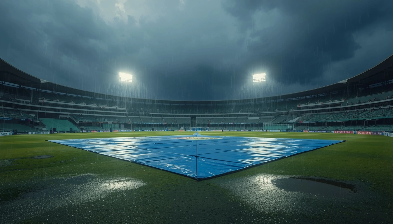 Rain-covered cricket ground during weather delay before the Sri Lanka vs India Asian Games semi-final lineup was confirmed.