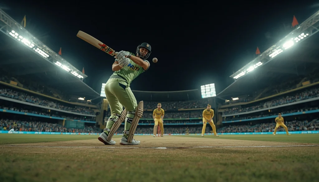 A packed cricket stadium under floodlights during an intense T20 International match.