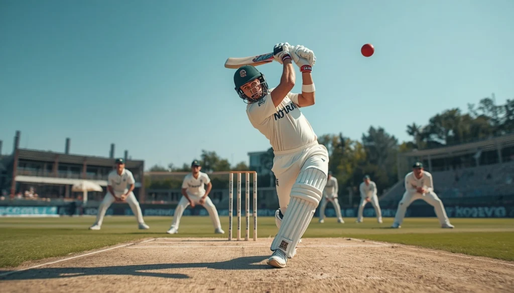 A batsman executing an aggressive lofted shot to exploit powerplay rules in cricket during the opening overs of a limited-overs match.