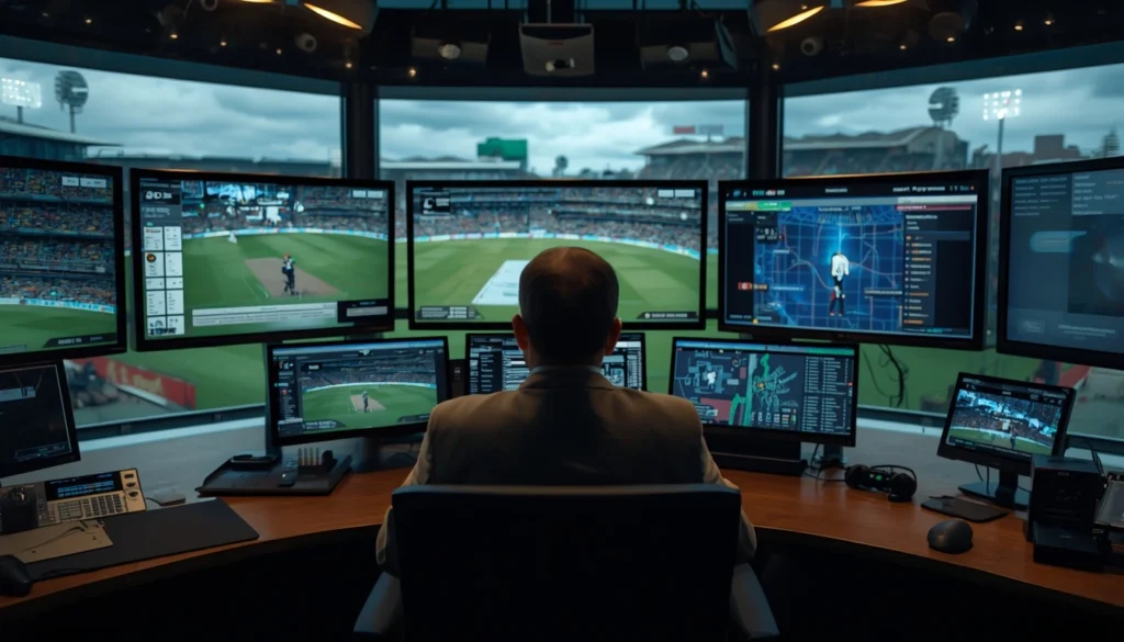 Third umpire sitting in a high-tech control room analyzing multi-angle video replays and Decision Review System UltraEdge audio spikes during a cricket match review.