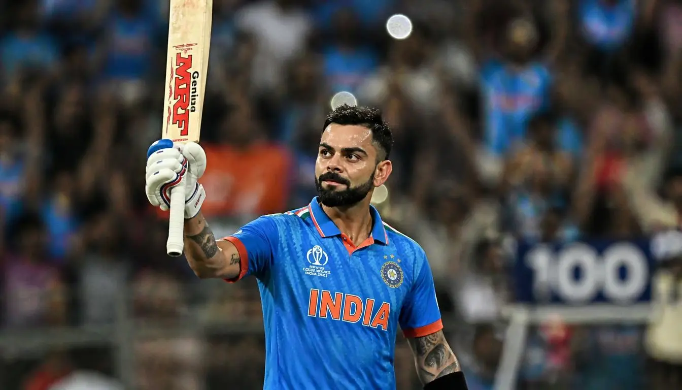 An international star batsman celebrating reaching a major run milestone with bat raised to a roaring crowd.