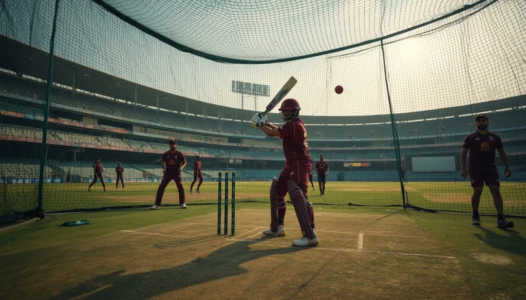 West Indies team practicing in the nets following the Justin Greaves calf injury ahead of the Guwahati ODI