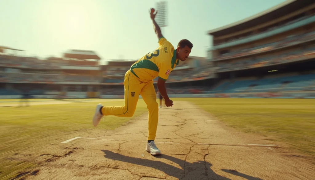 Australian fast bowler Xavier Bartlett in mid-stride bowling action against Zimbabwe following the Graeme Cremer ODI comeback fixture announcement in Harare.